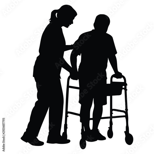 Foto Senior man using rolling walker with nurse support silhouette vector illustration background