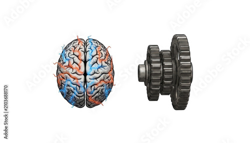 Brain and Interlocking Gears Symbolizing Thought Process