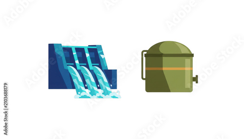 Hydroelectric Dam with Flowing Water and Storage Tank