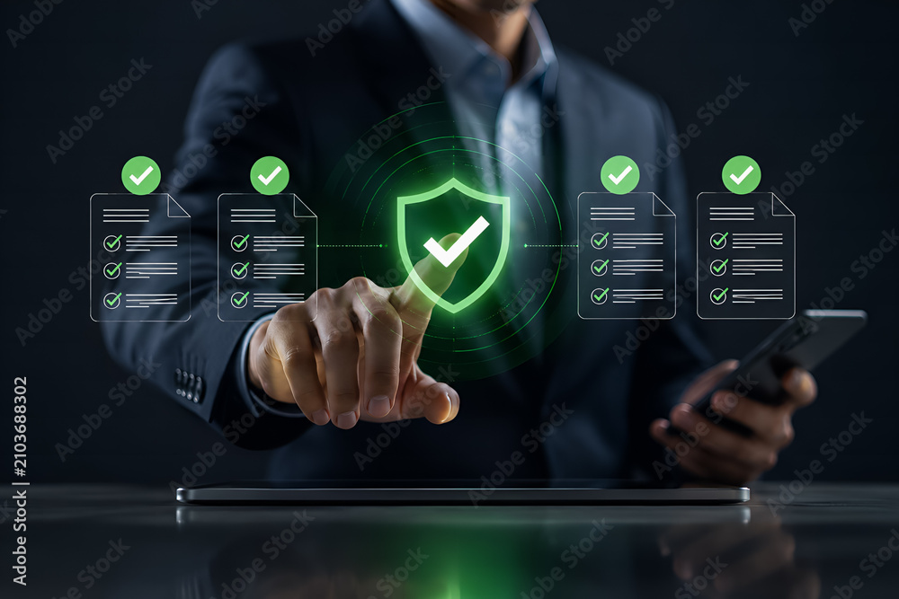 Obraz premium Corporate professional interacting with digital security shield and approved documents 