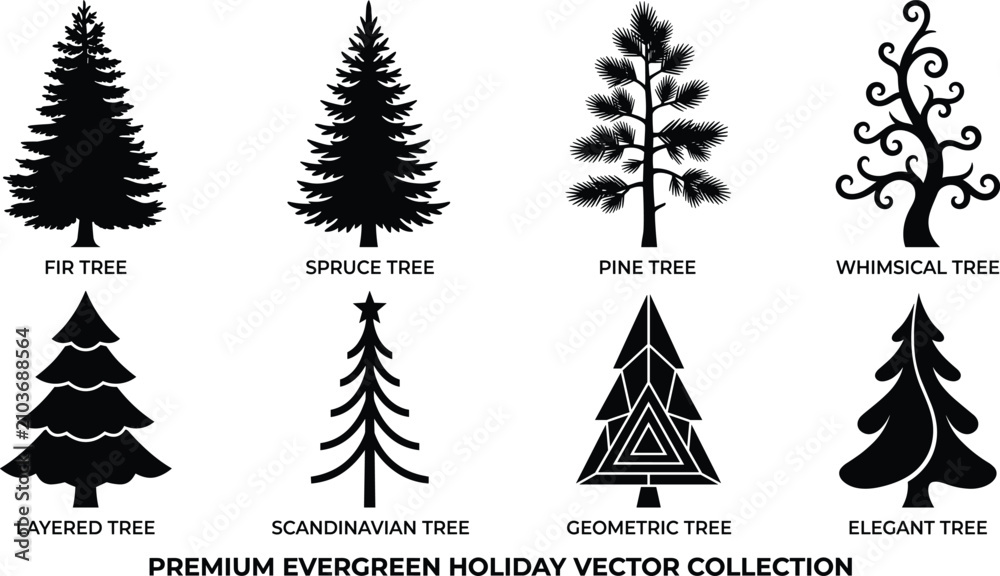 Obraz premium Evergreen Tree Silhouette Collection with Fir Pine Spruce and Decorative Christmas Trees