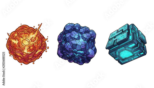Three Abstract Geometric Objects: Fire Crystal and Tech