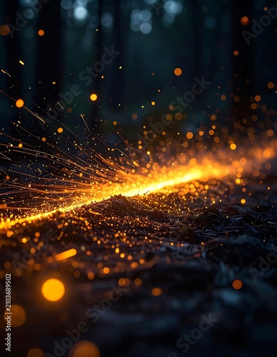 Sparkling particles in dark forest environment.