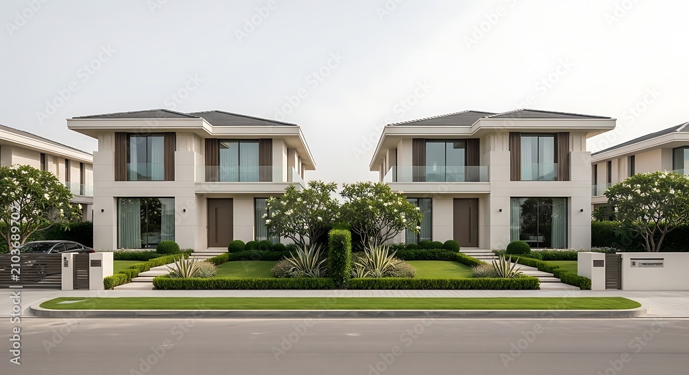 Fototapeta premium Pair of contemporary two-story houses with stone facades and lush landscaping on quiet street