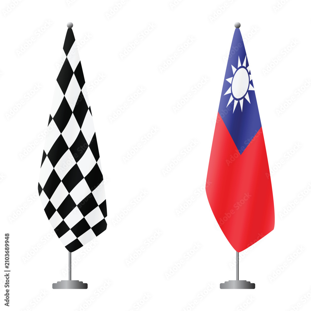 Fototapeta premium Checkered and Taiwan flags on flagpoles for official ceremonies and meetings, transparent background vector
