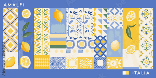 Obraz na płótnie amalfi pattern collection with lemons and geometric designs yellow blue italia i
