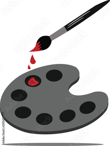 Paint Palette and Brush Icon with Red Paint Drop Flat Vector Illustration