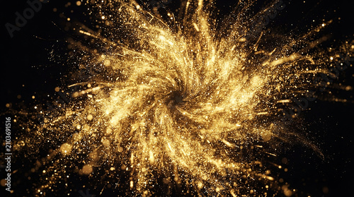 Golden glitter explosion spiral with copy space for luxury advertising, fancy background for festive celebrations