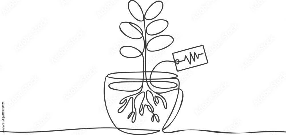 Obraz premium Minimalist continuous line of a potted plant with roots and a tag showing a waveform line minimalist