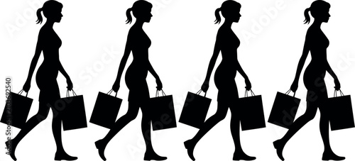 Tableau sur toile Woman Walking with Shopping Bags Silhouette Set