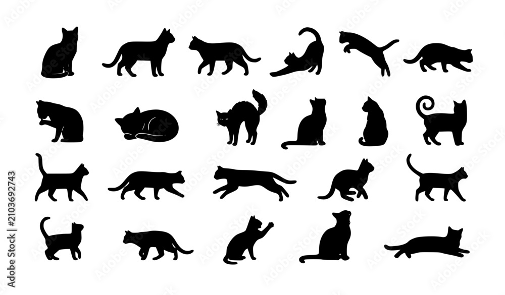 Fototapeta premium Minimal Black Cat Silhouette Bundle with Diverse Feline Standing Sitting and Jumping Poses on White Background