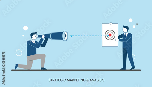 Businessman looking through a telescope at a red target held by his colleague under strategic marketing and analysis text.
