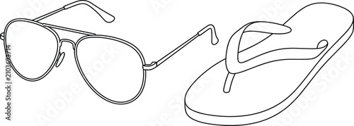 Fotografi Minimalist line art illustration of aviator sunglasses and a flip flop for summe
