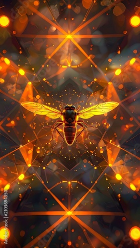 Vibrant Bee Amidst Glowing Orange Lights.