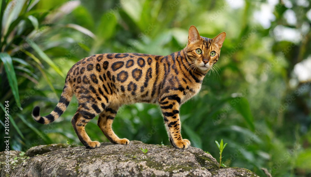 Obraz premium Beautiful wild cat standing on mossy rock surrounded by lush green foliage transparent background