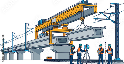 Fotografie Infrastructure bridge construction with girder launcher lifting concrete segment