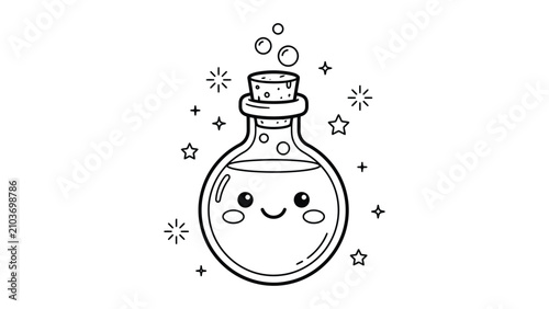 Obraz na płótnie Kawaii magic potion bottle vector, cute alchemy flask with smiling face, black a