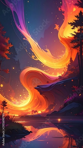 Vibrant orange flame over serene lake.