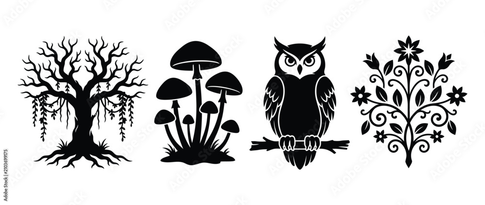 Fototapeta premium Silhouette collection of natural elements including a bare tree mushrooms an owl on a branch and a floral motif