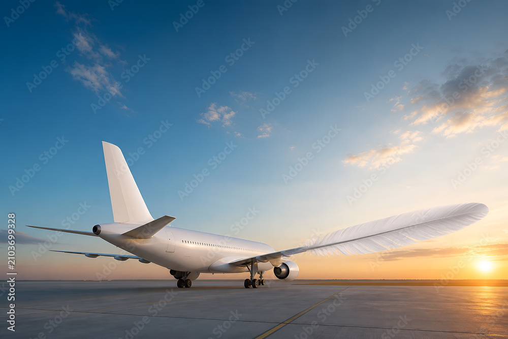 Naklejka premium Surreal depiction of an airplane with feather wings on a runway during sunset