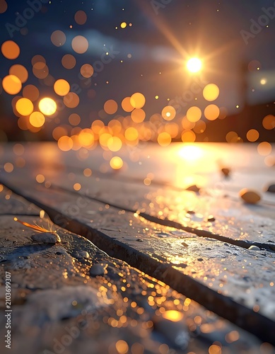 Wet pavement with city lights shining.