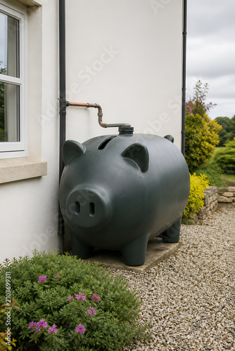 Playful piggy bank shaped oil tank located outside a house promoting energy savings and household finance awareness in a rural setting