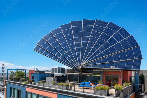 Rooftop solar panel installation shows playful design with modern technology to promote clean energy at a commercial building