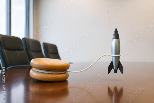Surreal scene with rocket and yo-yo on table in modern office setting highlighting space market trends