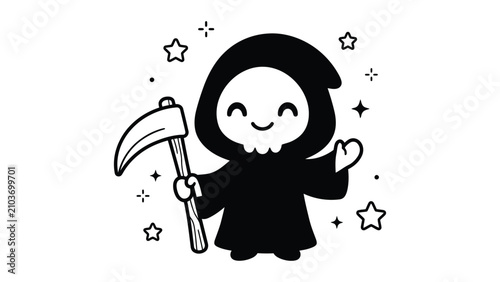 Foto Kawaii grim reaper vector illustration, cute cartoon death character with scythe