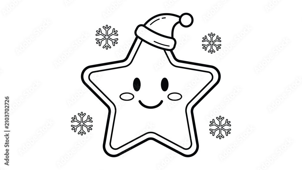 Fototapeta premium Kawaii Christmas star coloring page, cute cartoon star character wearing Santa hat with snowflakes, festive holiday line art vector for kids