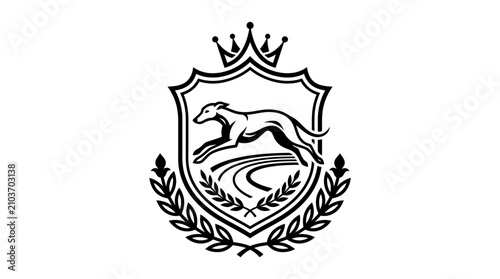 Fotografía Greyhound dog silhouette inside ornate crown crest with wreath.