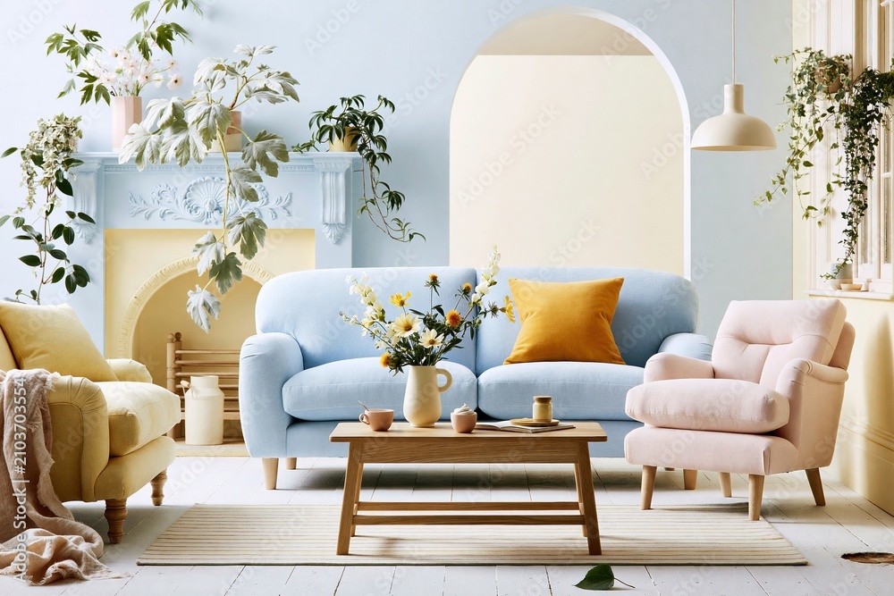 Obraz premium Bright airy living room with a blue sofa and yellow accents featuring a decorative fireplace and lush houseplants for home decor and lifestyle themes