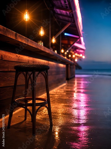 Stool Stands Near a Bar at Sunset Along the Beach Shore