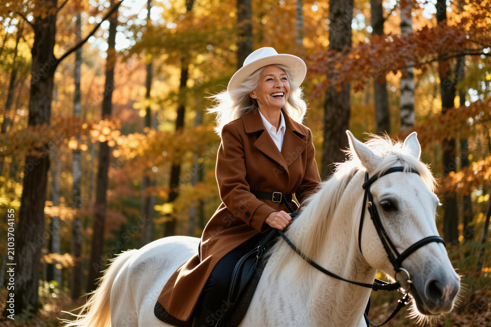 Obraz premium Happy mature woman rides white horse through autumn forest. Elderly lady enjoys horseback riding, wears hat and brown coat. Active lifestyle for seniors in nature.