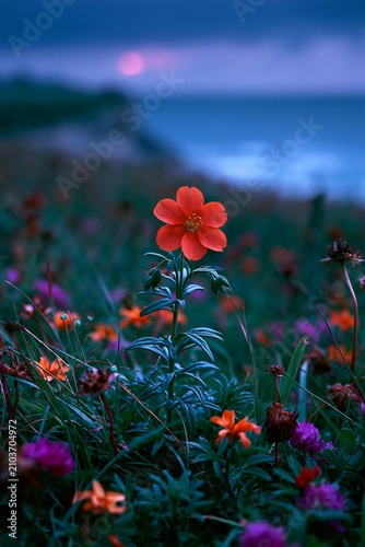Pimpernel Wildflower Blooming by the Sea at Dusk