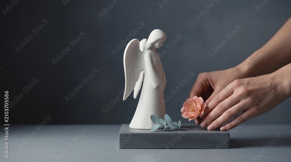Obraz premium Person placing a delicate pink rose beside a minimalist white ceramic angel figurine on grey with displays person gently sculpture grey stone