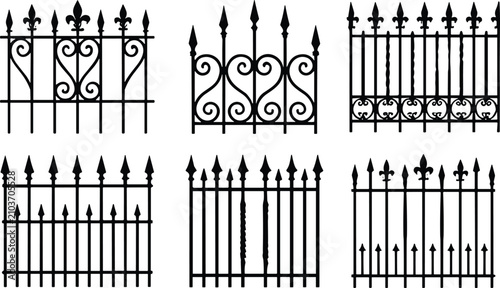 Bild auf Leinwand Collection of Wrought Iron Fence Silhouettes with Ornamental Decorative Gate Des