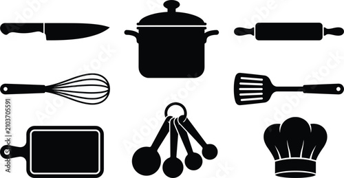Bild auf Leinwand Kitchen utensils and cooking equipment icon vector set featuring chef hat pot kn