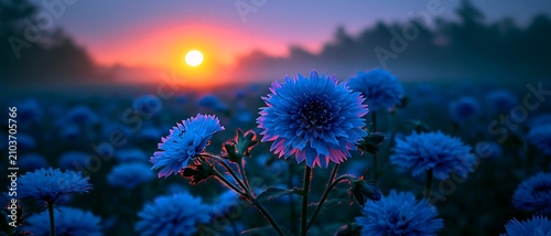 Blue Flowers Bloom Under Sunrise in a Field With Fog