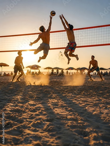 Volleyball Players Jumping at Sunset on the Beach