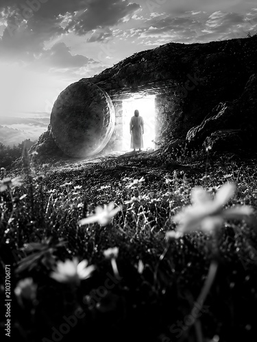 Person Standing Before Stone Entrance in Open Landscape