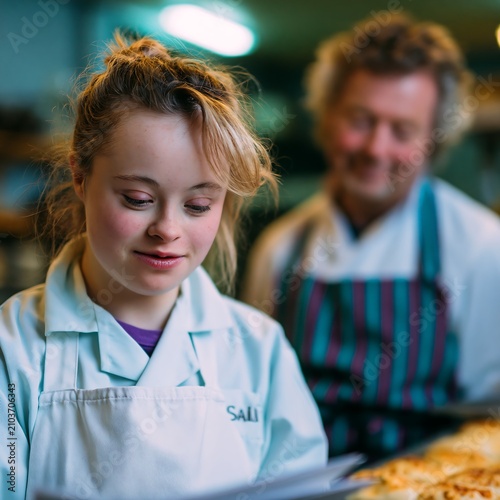 Young Woman With Down Syndrome Reading in Bakery Setting