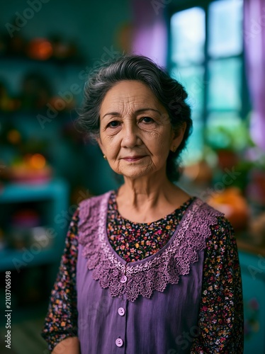 Elderly Woman in a Colorful Room, Looking Directly at the Camera