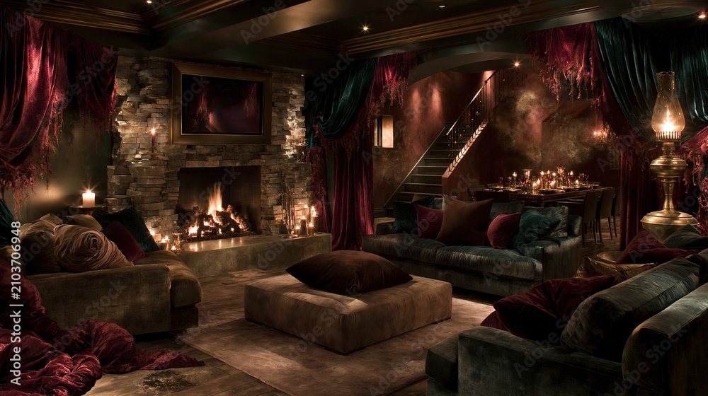 Obraz premium Luxury basement living area with stone fireplace and velvet sofas creates a glowing cozy sanctuary for home interior and atmospheric decor ideas