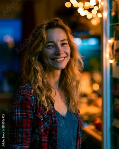 Woman Smiling in a Cozy Room With Warm Lights in Background