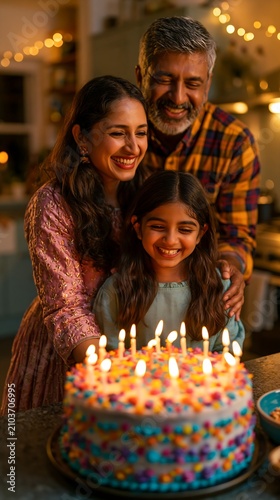 Family Celebrating Diwali With Candles and a Cake in a Cozy Kitchen