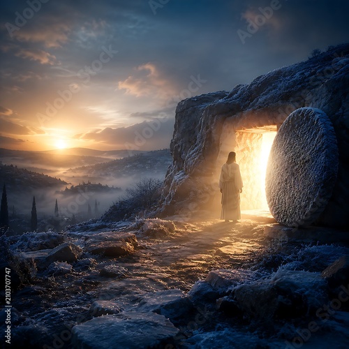 Man Standing at Cave Entrance During Sunrise in Snowy Landscape