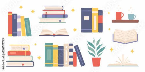 stacks of colorful books in flat illustration style stack reading literature education knowledge library study bookshelf open book closed plant