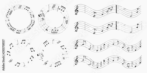 Foto musical notes on wavy staffs black and white line art music notation clef quaver