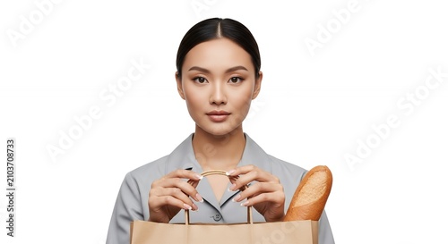 Young Asian woman holding a paper shopping bag with a baguette, looking directly at the camera with a serious expression.